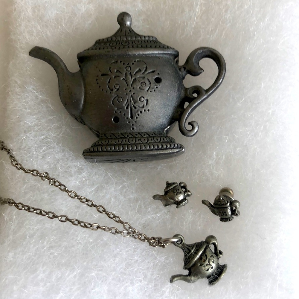 Pewter Tea Party Set, Necklace, Earrings, Brooch